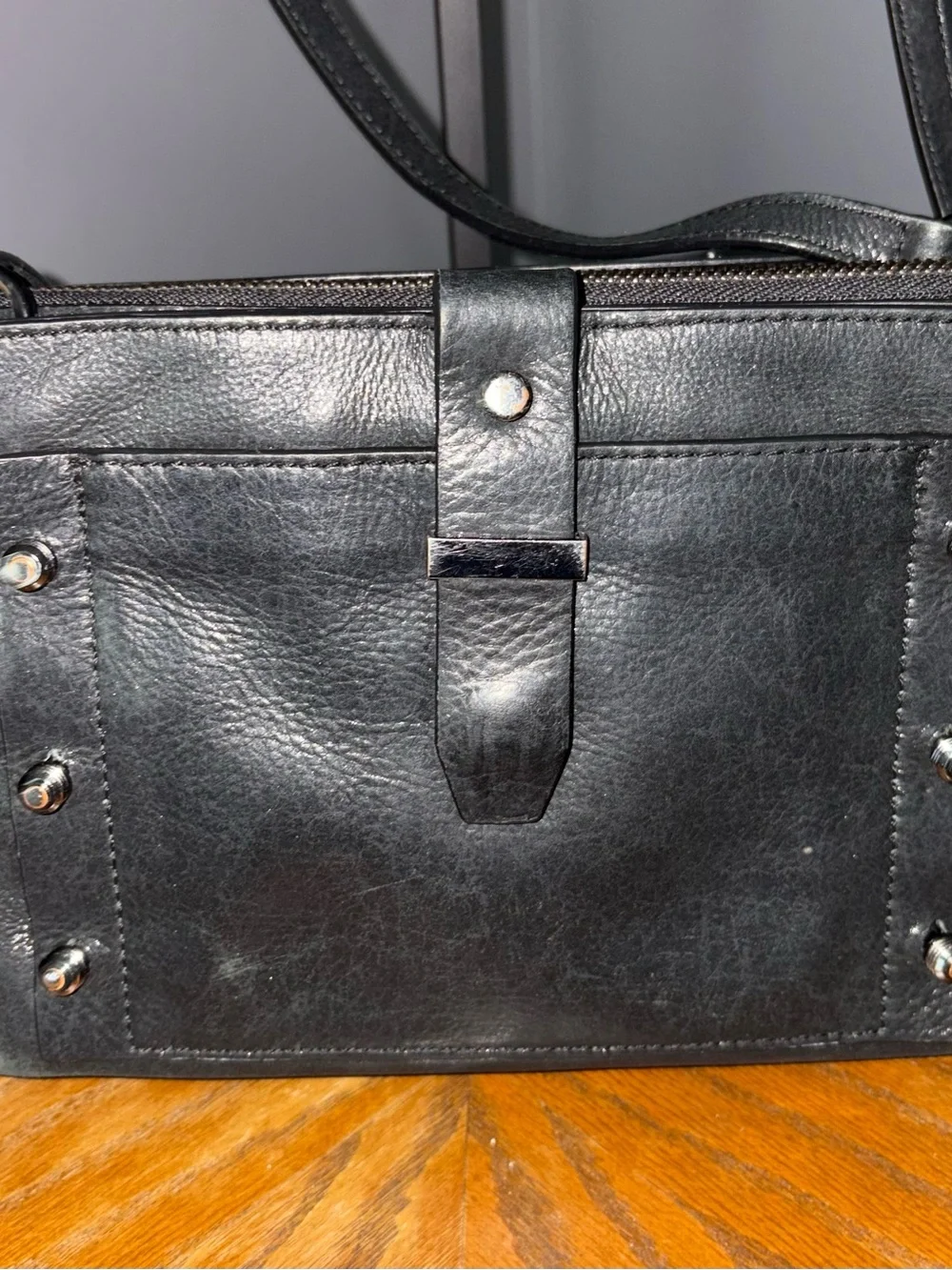 Botkier Warren City Black Pebbled Leather Crossbody Bag Studded Multi-Pocket